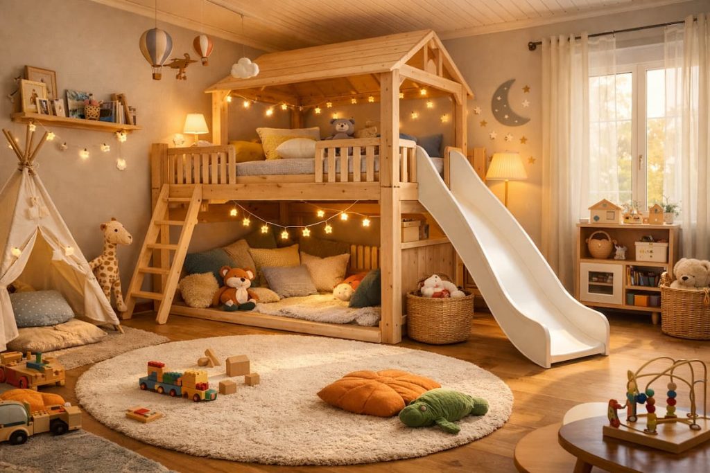 Holz Hochbett mit Rutsche im Kinderzimmer, spielerisch und platzsparend eingerichtet