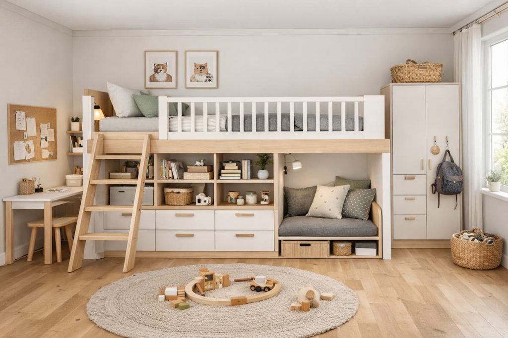 Holz Hochbett mit Stauraum im Kinderzimmer, platzsparend mit Schubladen und Regalen