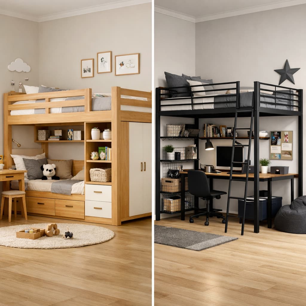 Modernes Kinderzimmer mit Hochbett und Stauraum, platzsparend und ordentlich eingerichtet