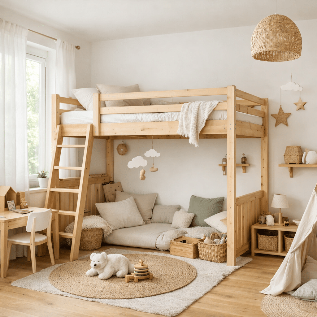Helles Kinderzimmer mit Holz Hochbett und integriertem Stauraum sowie gemütlicher Sitzecke darunter