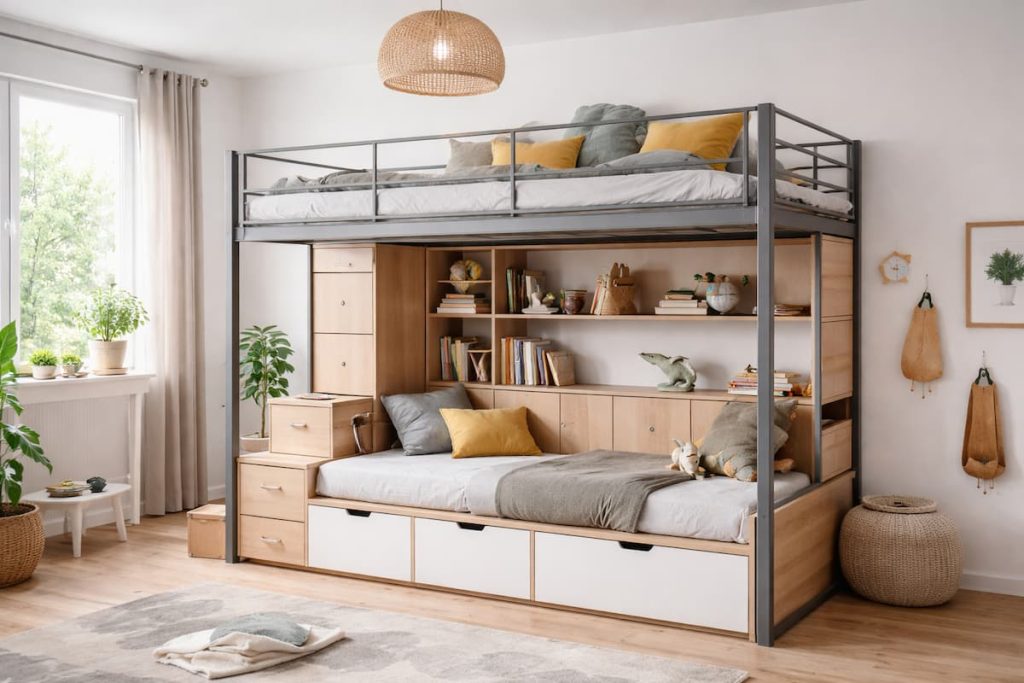 Metall Hochbett mit Stauraum im Kinderzimmer, platzsparend mit Schubladen und Regalen