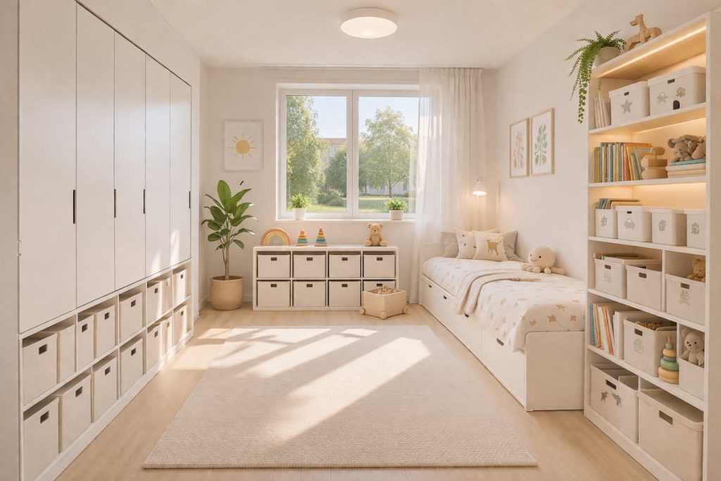 Kleiderschrank im Kinderzimmer mit viel Stauraum für Kleidung und Spielsachen, modern und ordentlich