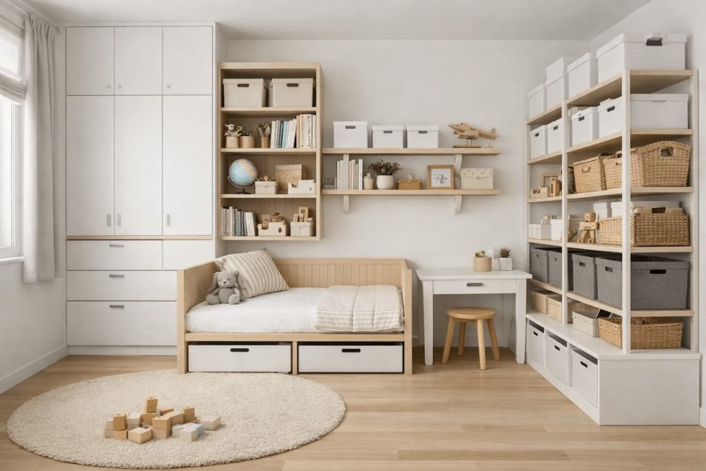 Kinderzimmer mit viel Stauraum durch Schränke, Regale und Boxen, ordentlich eingerichtet