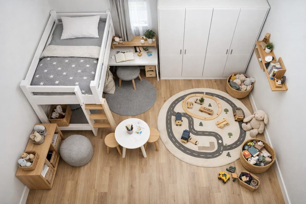 Kinderzimmer Planung in der Draufsicht mit Hochbett, Schrank und Spielbereich optimal angeordnet