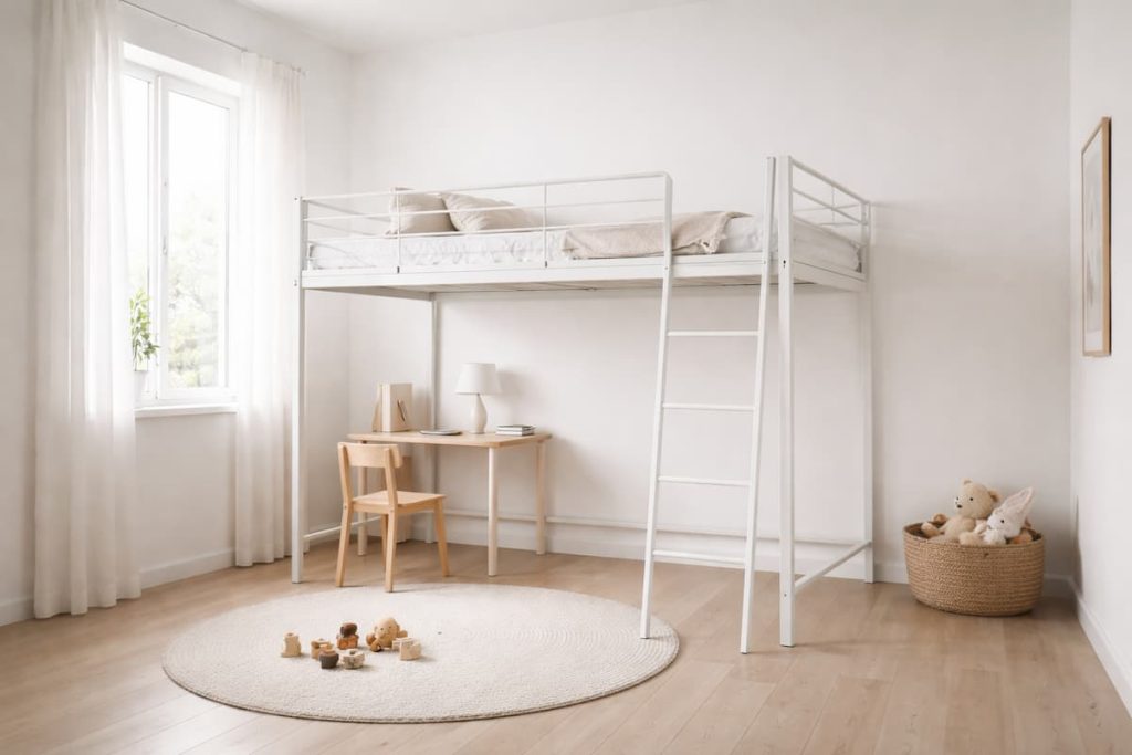 Metall Hochbett im Kinderzimmer ohne Extras, schlichtes und minimalistisches Design