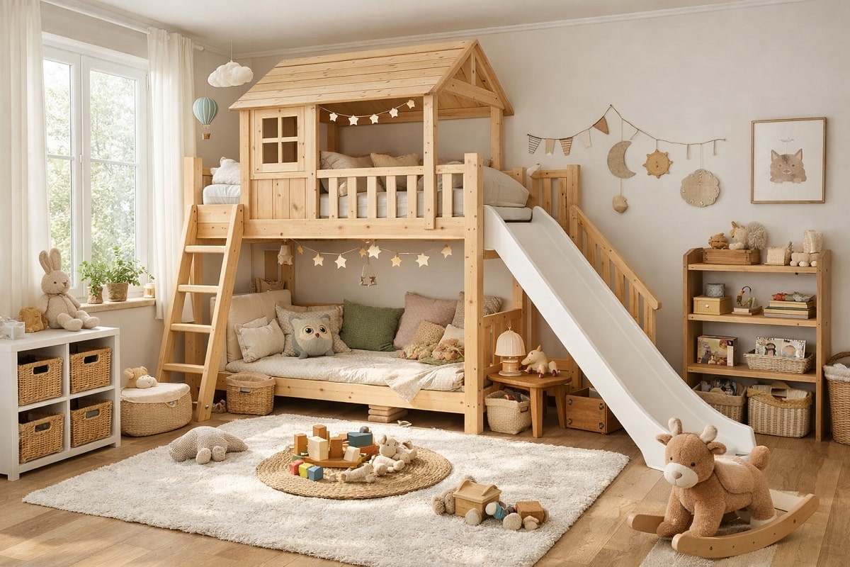 Kinderzimmer mit Holz Hochbett und Rutsche im skandinavischen Stil, natürliches Design, gemütliche Einrichtung mit Spielbereich und Stauraum