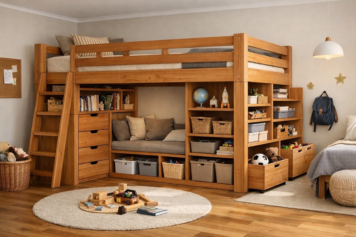 Holz Hochbett mit integriertem Stauraum im Kinderzimmer mit Regalen, Schubladen und Boxen, platzsparend und modern eingerichtet