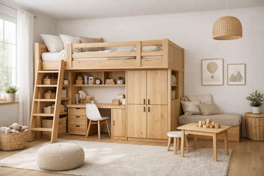 Modernes Kinderzimmer mit Holz Hochbett und integriertem Stauraum, Schubladen, Regalen und Schränken im skandinavischen Stil, platzsparend und minimalistisch gestaltet