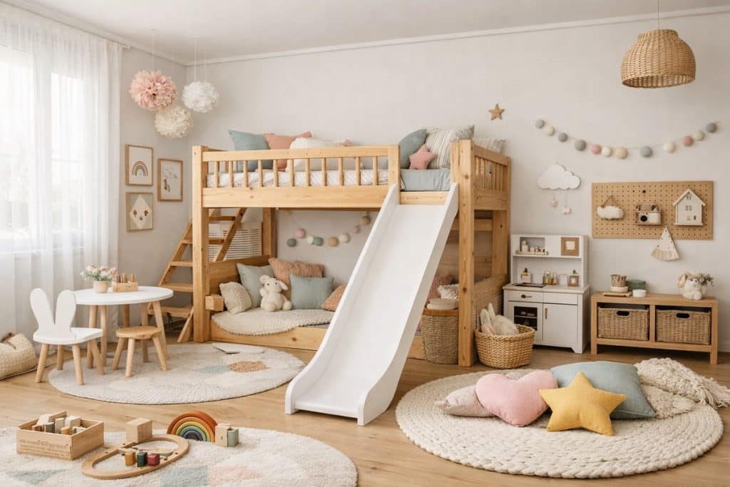 Kinderzimmer mit Holz Hochbett und Rutsche im skandinavischen Stil, mit Stauraum, Spielbereich und sanften Pastellfarben
