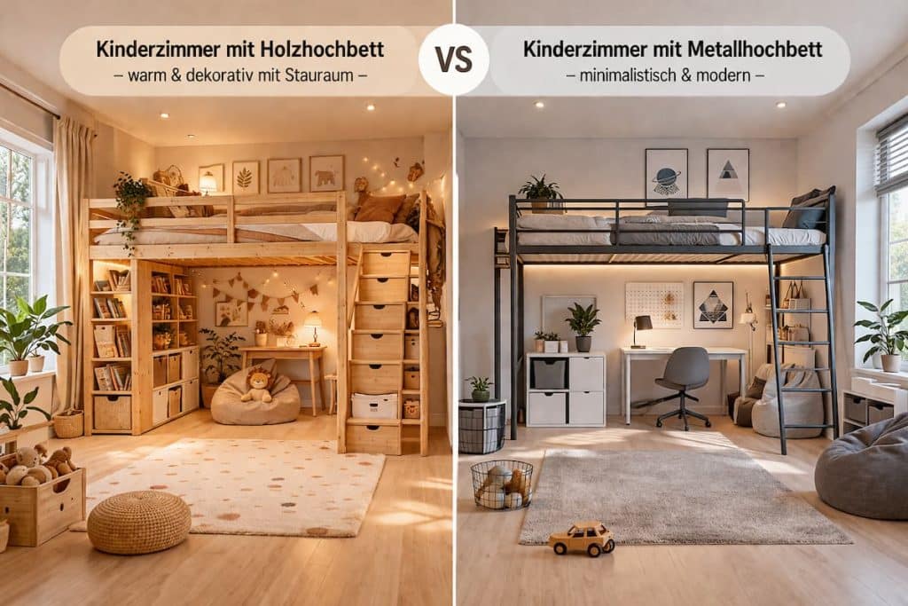 Vergleich Kinderzimmer mit Holzhochbett warm dekorativ mit Stauraum vs Metallhochbett minimalistisch modern eingerichtet
