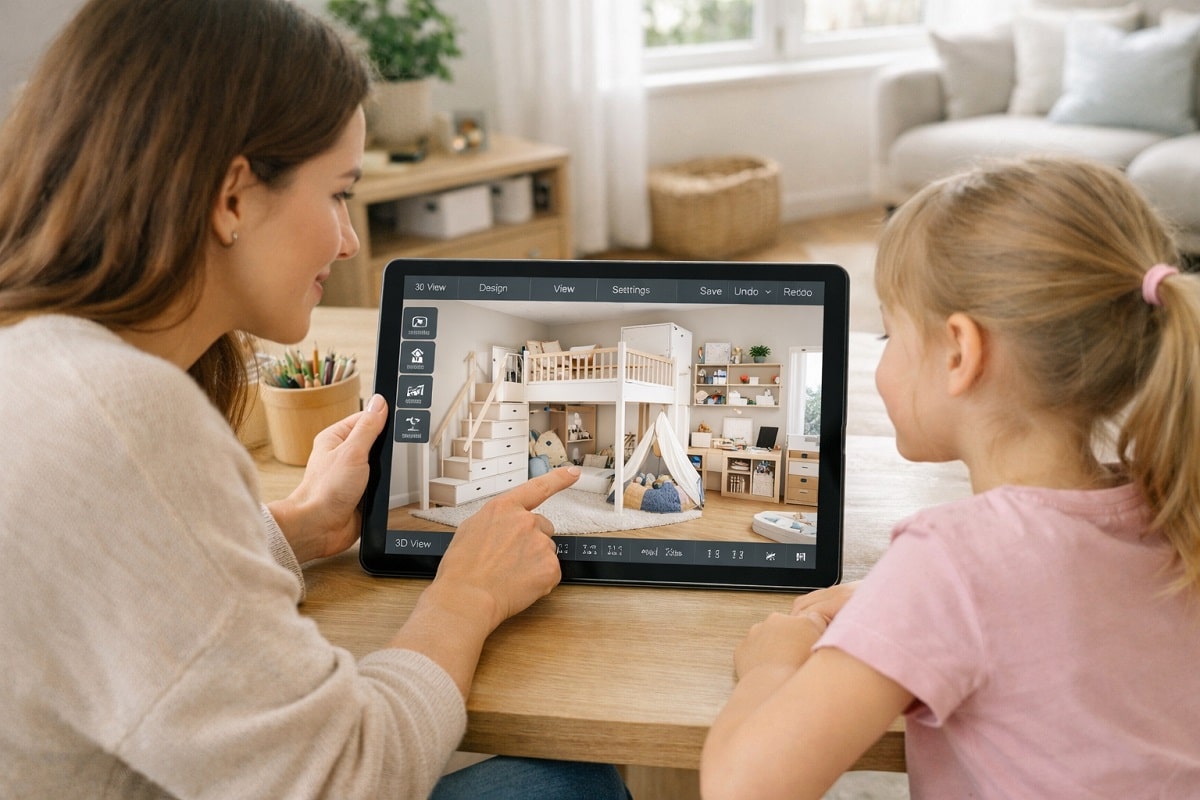 Modernes Kinderzimmer wird digital geplant mit Tablet und 3D Raumplaner App, Mutter und Kind gestalten skandinavisches Kinderzimmer mit Hochbett und Stauraum