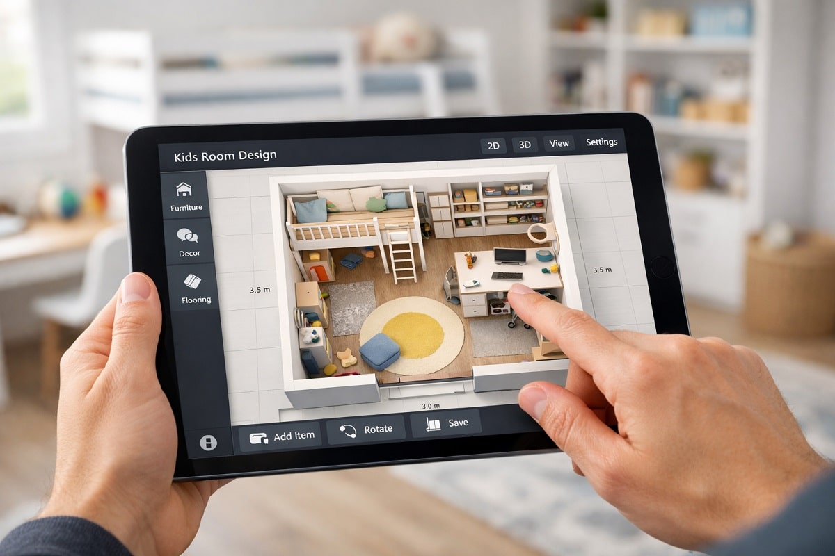 Kinderzimmer planen mit Tablet und Raumplaner App – Grundriss mit Hochbett, Schreibtisch und Regalen