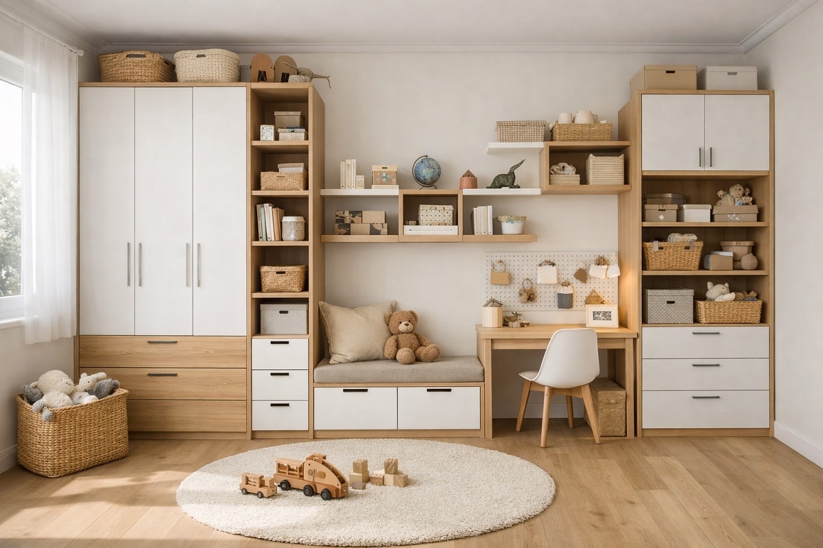 Modernes Kinderzimmer mit Schrank und Stauraum, weiße und Holz Möbel im skandinavischen Design, ordentlich und platzsparend eingerichtet