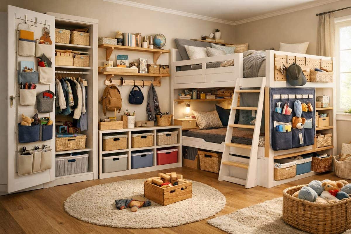 Kinderzimmer mit cleveren Stauraum Lösungen wie Hochbett mit Aufbewahrung, Schrank, Regalen, Wandregal, Boxen und Tür-Hängesystemen