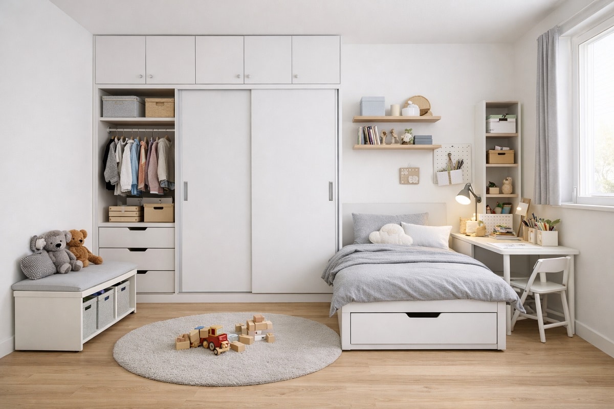 Kleines Kinderzimmer mit Schiebetürenschrank, integriertem Stauraum und platzsparendem Bett im minimalistischen Design