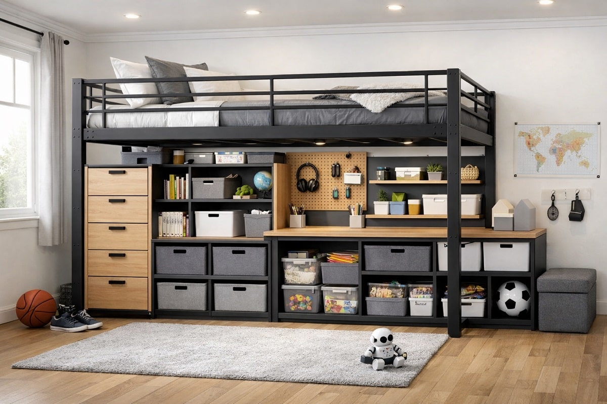 Modernes Kinderzimmer mit Metall Hochbett und integriertem Stauraum, Schubladen, Regalen und Boxen unter dem Bett, platzsparendes und ordentliches Design