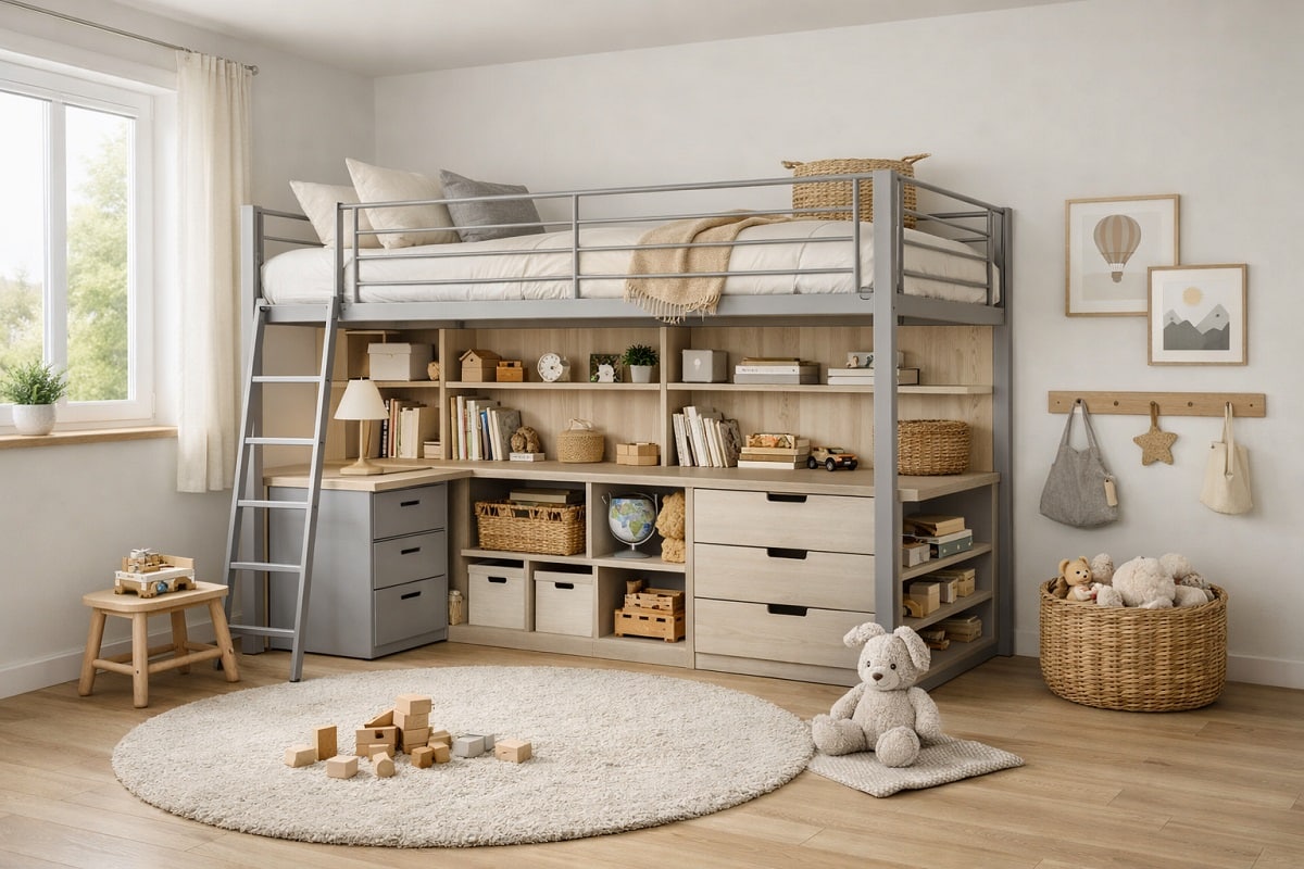 Modernes Kinderzimmer mit Metall Hochbett und integriertem Stauraum, Regalen und Schubladen im skandinavischen Stil, platzsparend und minimalistisch eingerichtet