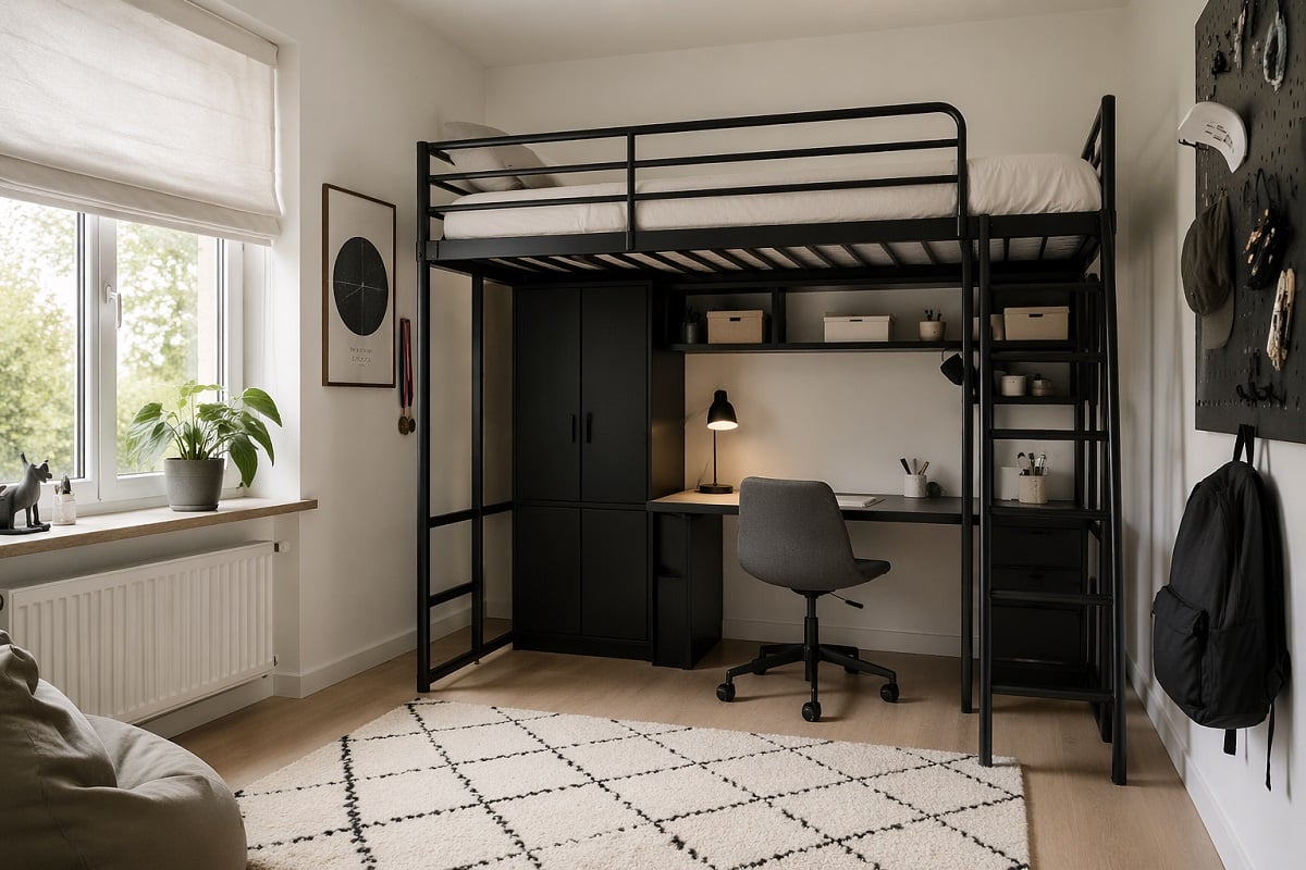 Minimalistisches Kinderzimmer mit schwarzem Metall-Hochbett, integriertem Schreibtisch und Stauraum im skandinavischen Stil, kleines Zimmer optimal genutzt