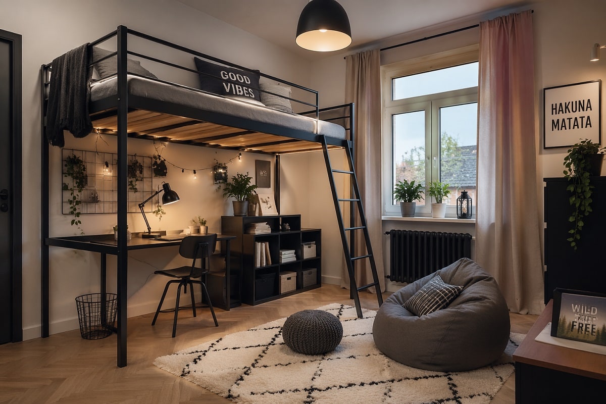 Modernes Kinderzimmer mit schwarzem Metall Hochbett, Schreibtisch darunter, warmem Licht und skandinavischem minimalistischen Design