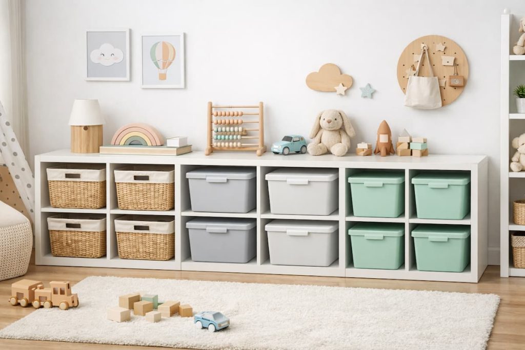Aufbewahrungsboxen im Kinderzimmer für Spielzeug und kleine Gegenstände, ordentlich und platzsparend