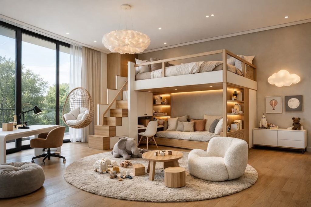 Inspiration Kinderzimmer mit modernem Design, Hochbett und Stauraum, hell und gemütlich eingerichtet