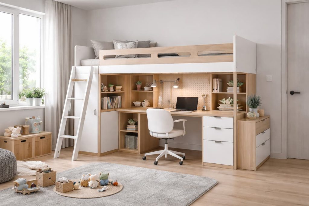 Multifunktionale Möbel im Kinderzimmer mit Hochbett, Schreibtisch und Stauraum, platzsparend und modern
