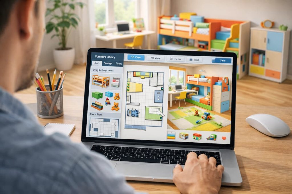 Kinderzimmer Planung mit Raumplaner Software am Laptop, Grundriss mit Möbelanordnung und Hochbett