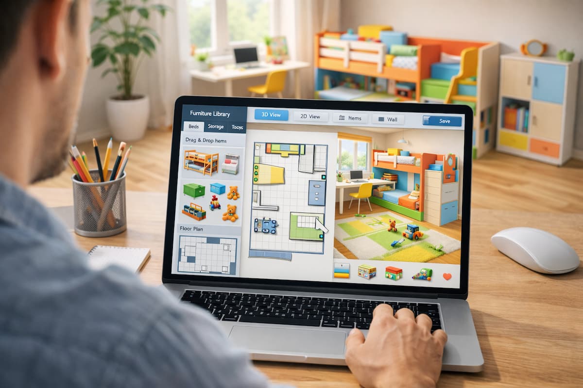 Kinderzimmer Planung mit Raumplaner Software am Laptop, Grundriss mit Möbelanordnung und Hochbett