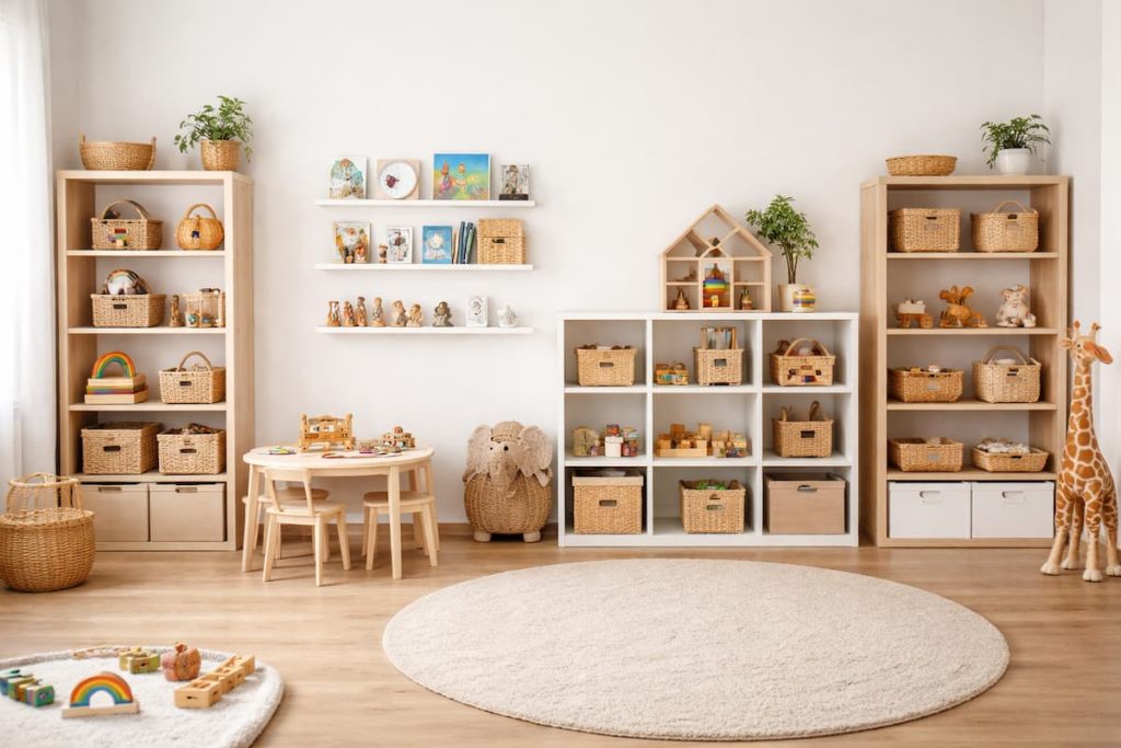 Regale im Kinderzimmer für Bücher und Spielzeug, ordentlich und modern eingerichtet