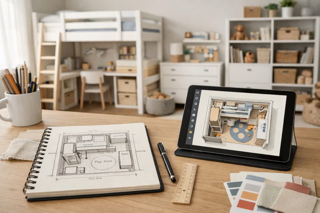 Kinderzimmer richtig planen mit Hochbett, Stauraum und klarer Zonenaufteilung für mehr Platz und Ordnung