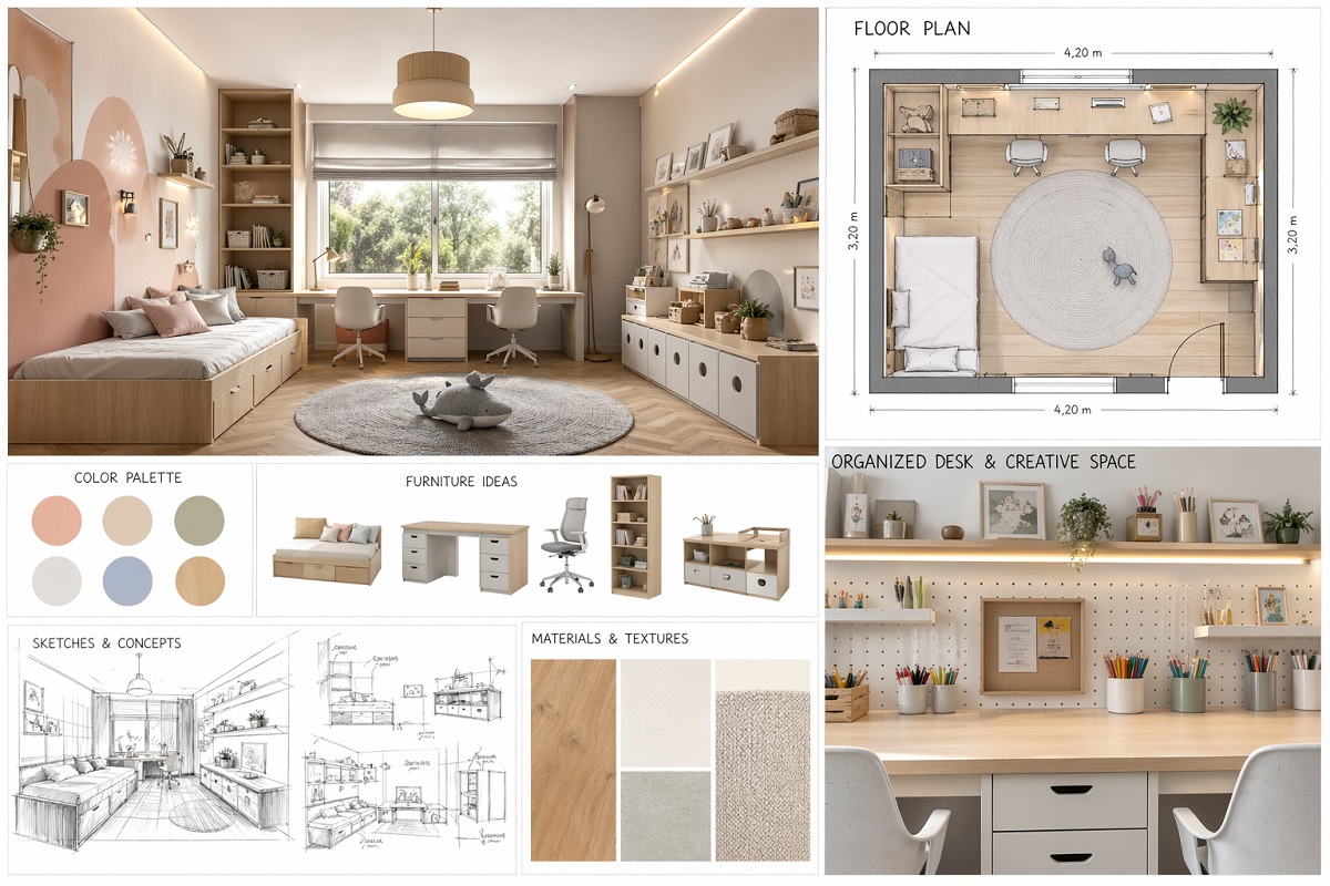 Kinderzimmer Planung mit Skizzen, Grundriss, Farbpalette und Möbelideen in modernem, aufgeräumtem Design