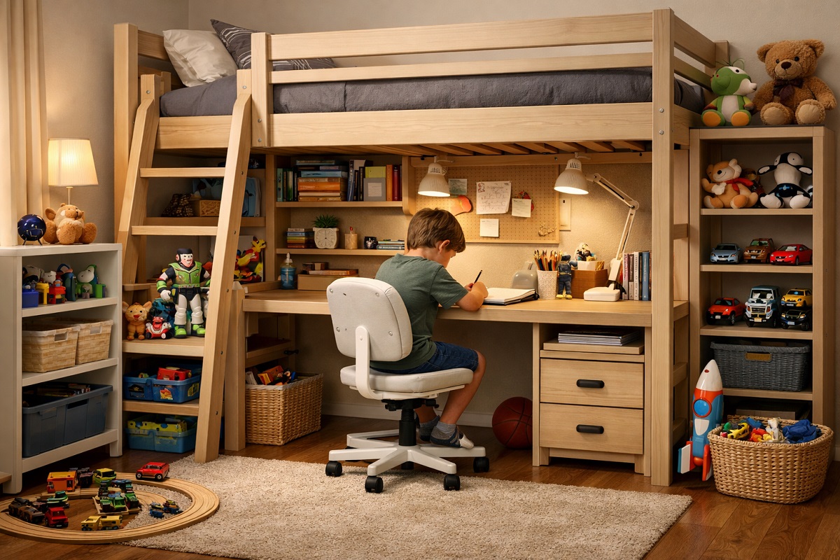 Kind sitzt am Schreibtisch unter einem Hochbett mit integriertem Stauraum, ordentliches und platzsparendes Kinderzimmer mit Spielzeugregalen