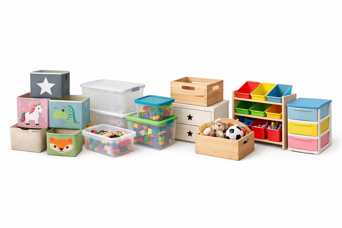 Verschiedene Aufbewahrungsboxen fürs Kinderzimmer im Vergleich: Stoffboxen, Plastikboxen und Holzboxen übersichtlich und ordentlich angeordnet