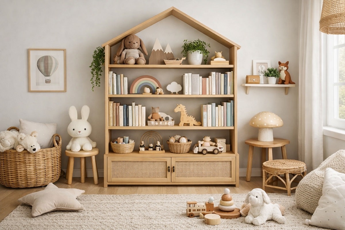 Modernes Kinderzimmer mit stilvollem Bücherregal, ordentlich arrangierten Büchern, Spielzeug und Pflanzen im skandinavischen Design