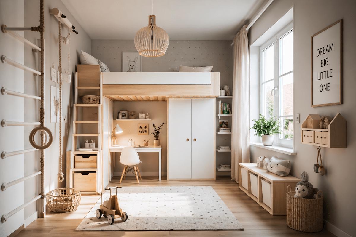 Kleines Kinderzimmer mit platzsparendem Hochbett im skandinavischen Stil, Stauraum unter dem Bett, helle Farben und moderne Einrichtung
