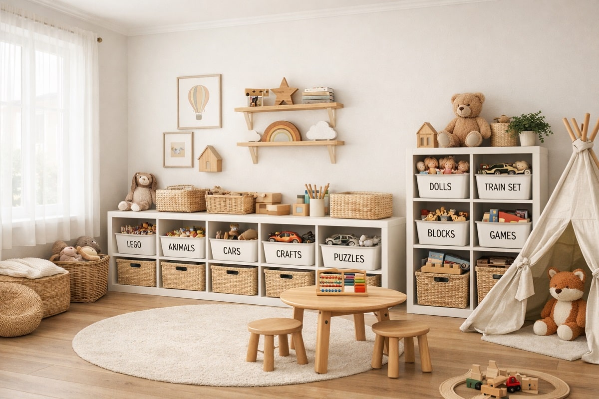 Modernes Kinderzimmer mit aufgeräumten Boxen und beschrifteten Aufbewahrungskörben im skandinavischen Stil