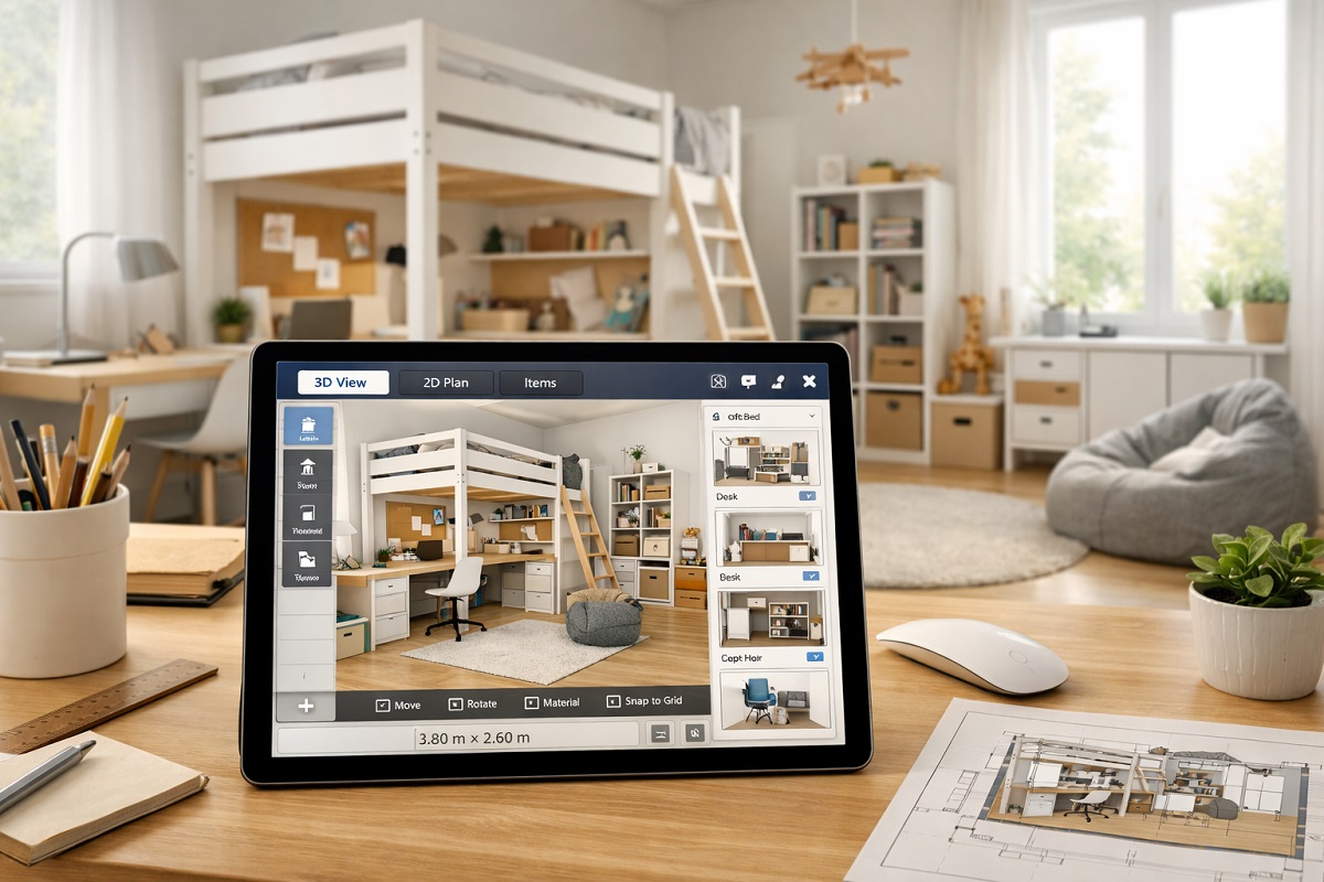 Kinderzimmer wird digital mit 3D Raumplaner auf Tablet geplant, Hochbett, Schreibtisch und Regale im skandinavischen Stil sichtbar