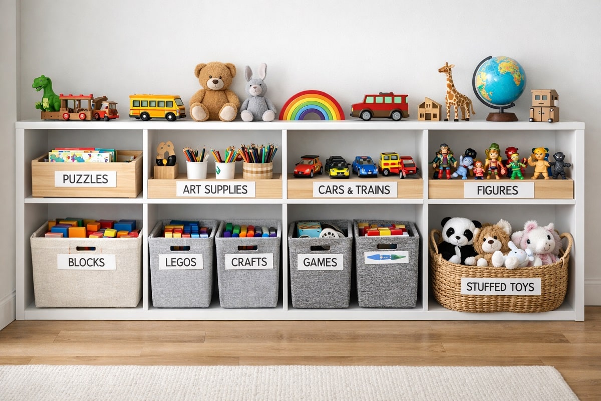 Kinderzimmer Regal mit ordentlich sortierten Spielzeugen, Büchern und beschrifteten Aufbewahrungsboxen in einem modernen, hellen Raum