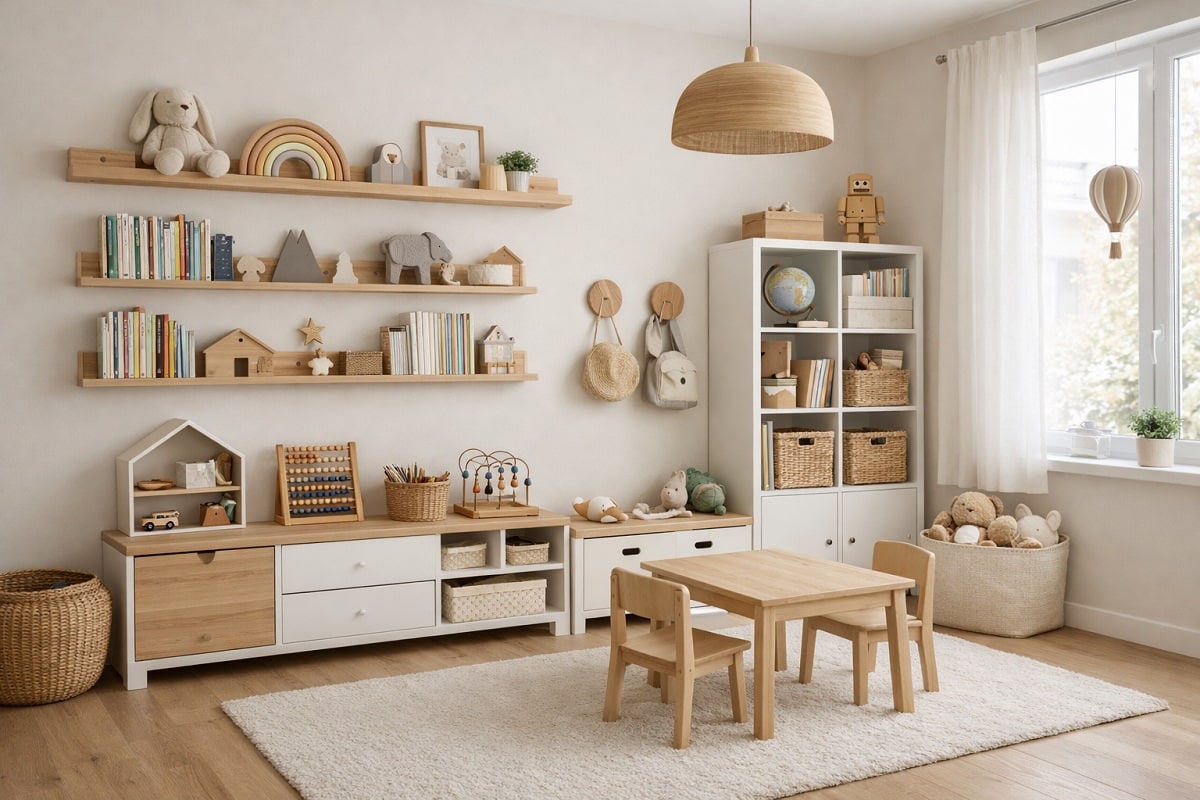Modernes Kinderzimmer mit stilvollen Wandregalen und Stauraum, ordentlich sortierte Bücher und Spielzeug im skandinavischen Design