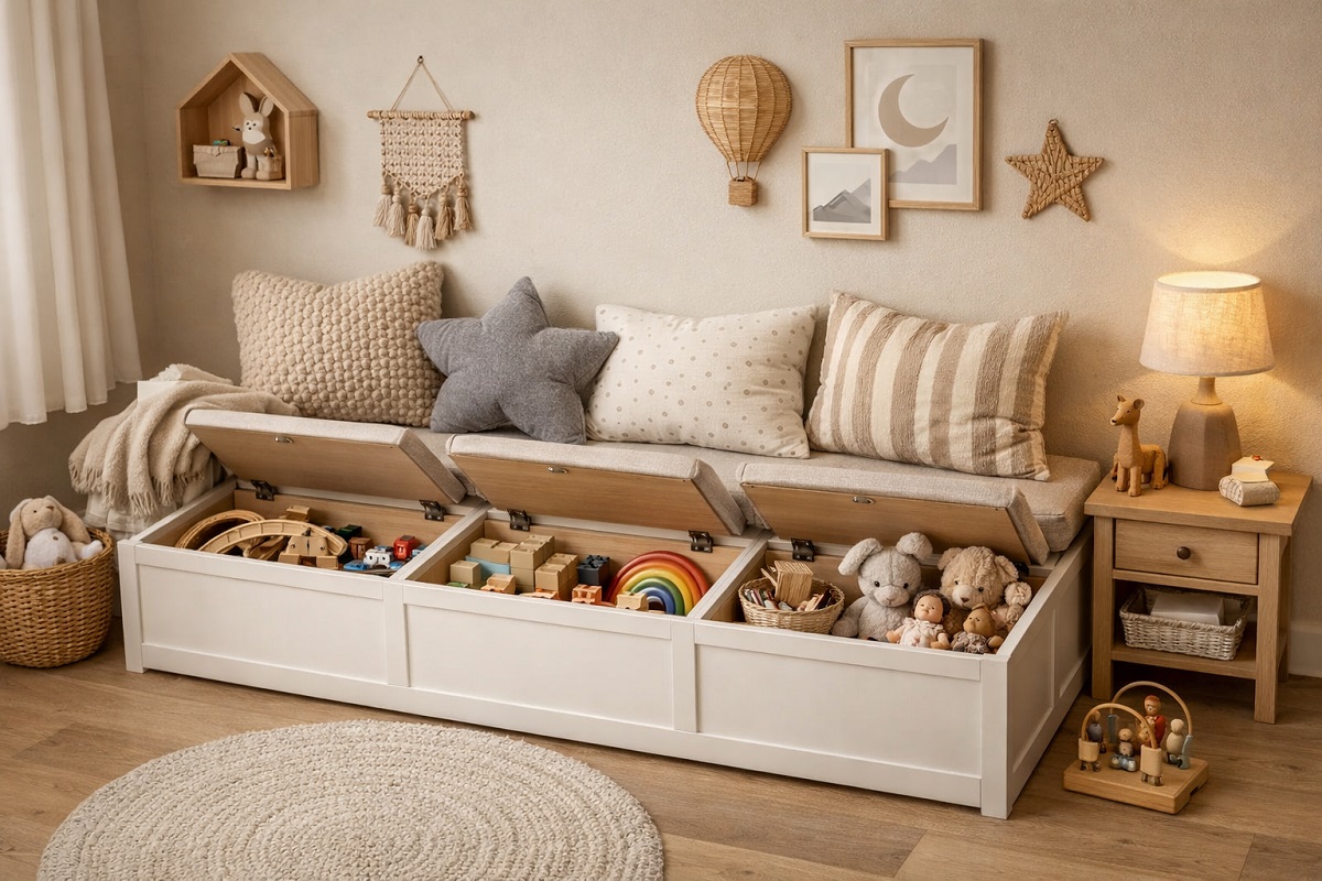 Gemütliches Kinderzimmer mit Sitzbank und integriertem Stauraum, weiche Kissen, ordentlich verstautes Spielzeug, skandinavisches Design mit warmem Licht