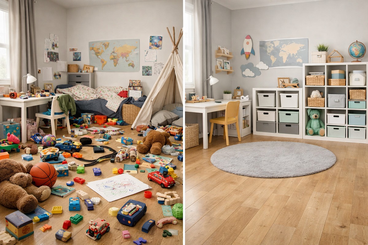 Kinderzimmer vorher nachher Vergleich – unordentliches Zimmer mit Spielzeug vs aufgeräumtes Kinderzimmer mit Stauraum Boxen und Regalen