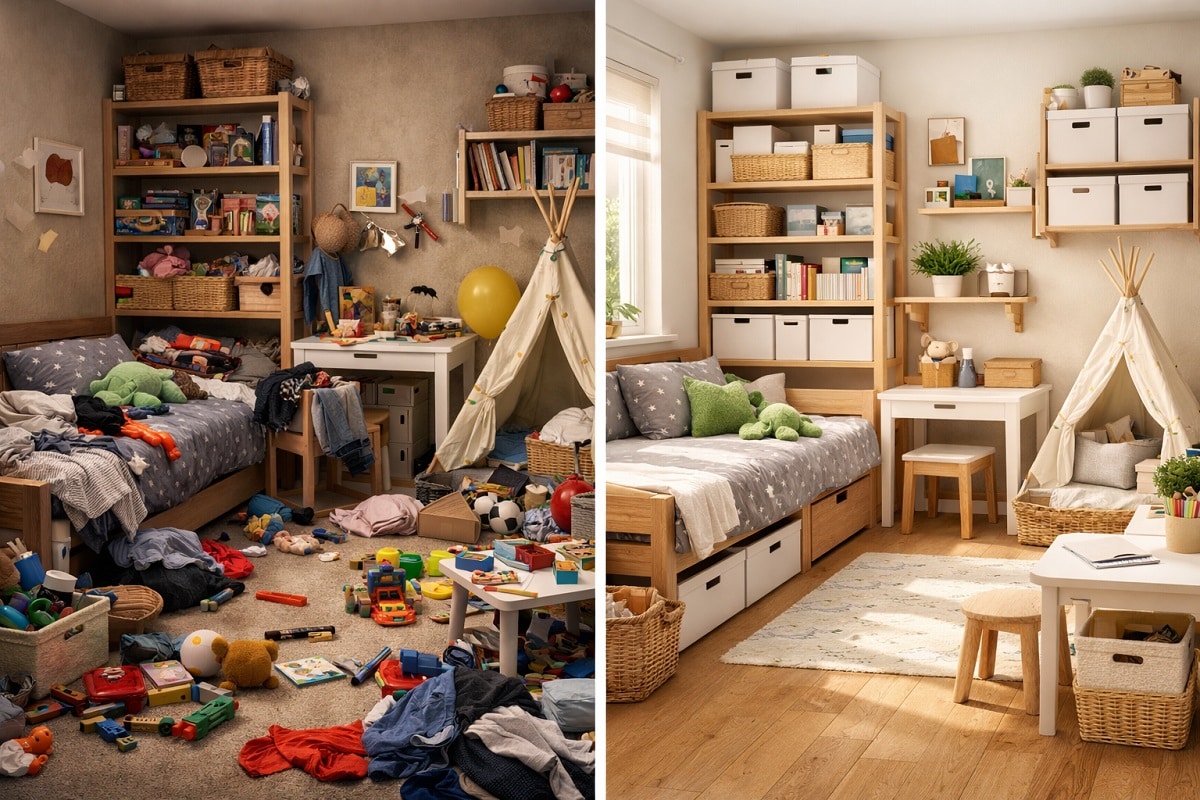 kinderzimmer vorher nachher vergleich mit stauraum lösungen und ordnungssystem