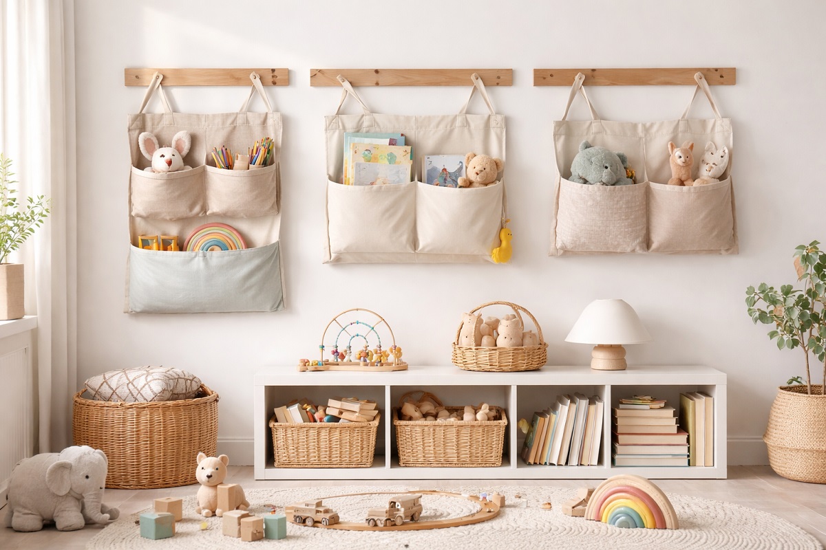 Kinderzimmer mit Wandorganizer Hängetaschen aus Stoff zur platzsparenden Aufbewahrung von Spielzeug und Büchern im skandinavischen Stil