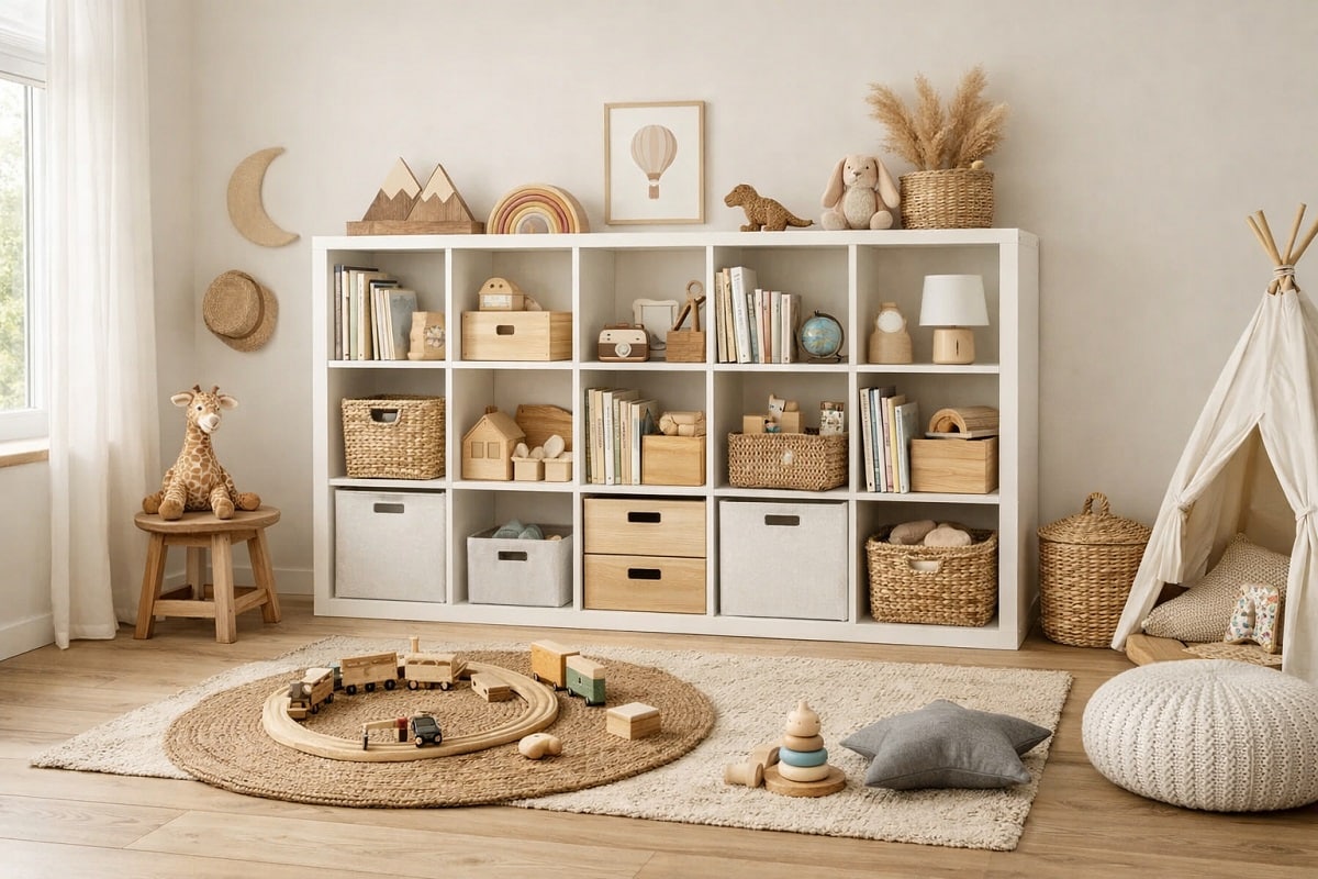 Modernes Kinderzimmer mit Würfelregal und modularen Aufbewahrungsboxen im skandinavischen Stil, ordentlich organisiert mit Spielzeug und Büchern