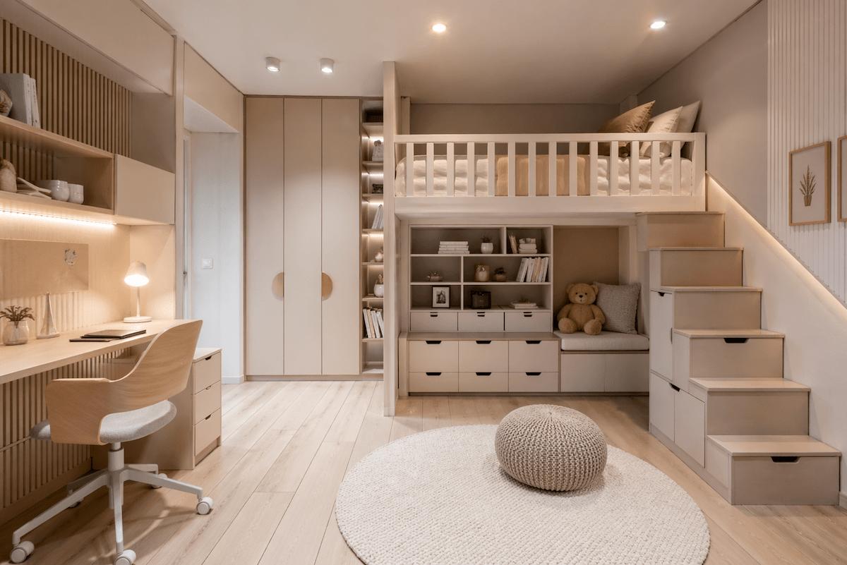 Luxuriöses kleines Kinderzimmer im skandinavischen Stil mit Hochbett, integriertem Stauraum, Schreibtisch und minimalistischer Einrichtung in neutralen Farben