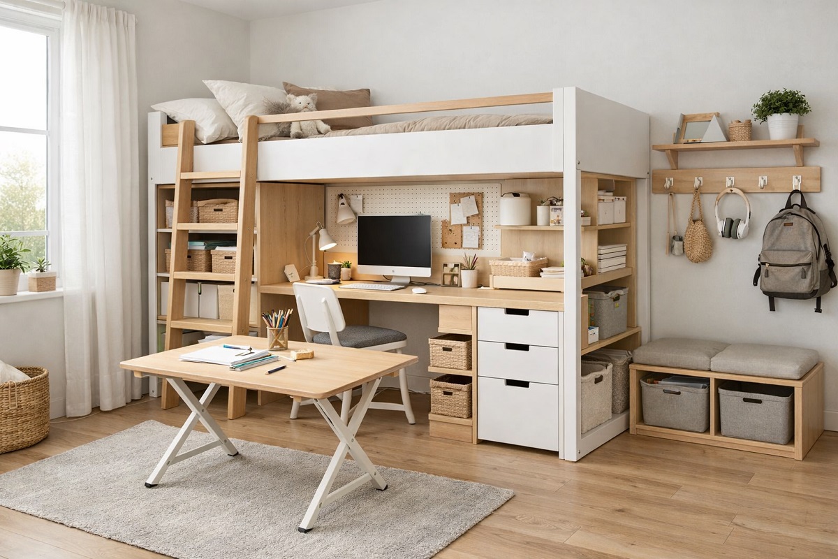 Modernes kleines Kinderzimmer mit multifunktionalem Hochbett, integriertem Schreibtisch und Stauraum im skandinavischen Stil