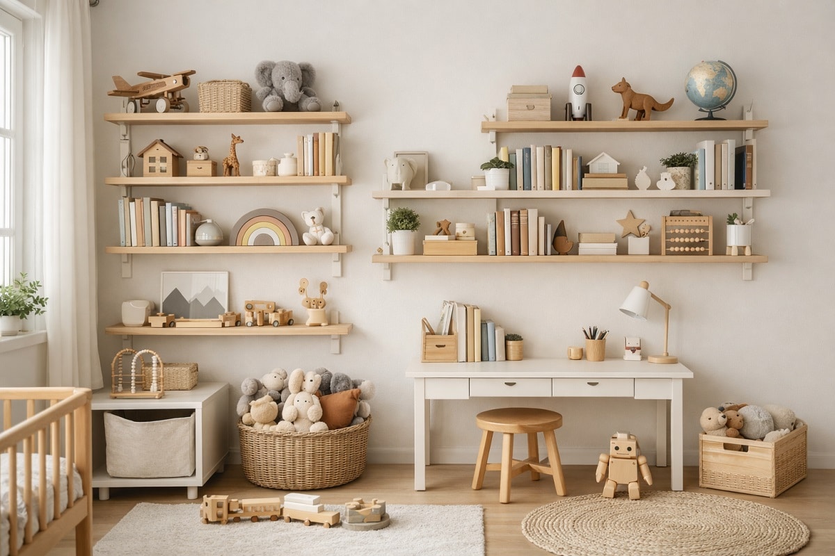 Modernes kleines Kinderzimmer mit Wandregalen für maximalen Stauraum, skandinavisches Design, ordentlich organisierte Bücher, Spielzeug und Dekoration