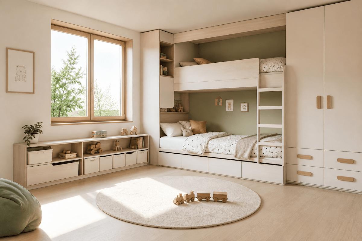 Kleines Kinderzimmer für zwei Kinder mit Etagenbett und integriertem Stauraum im skandinavischen minimalistischen Design