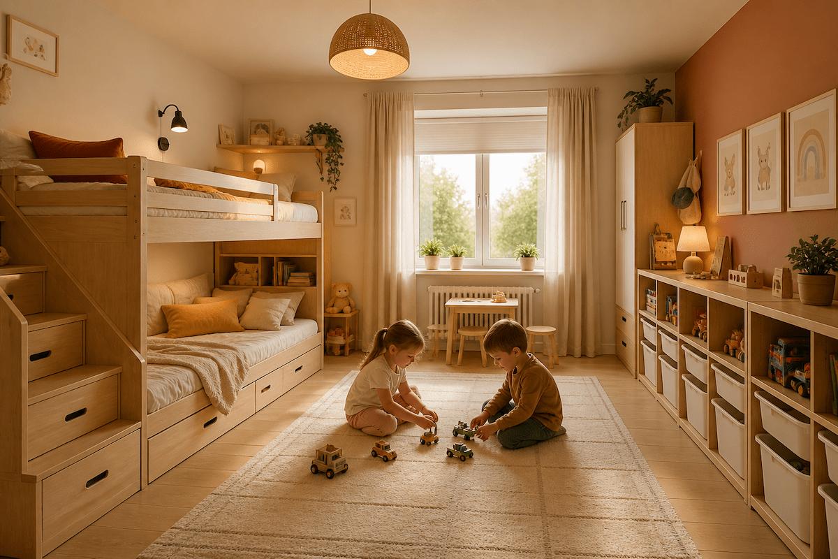 Kinderzimmer mit Etagenbett und Schubladen, ordentlich verstautes Spielzeug und freie Spielfläche, Kinder spielen auf Teppich